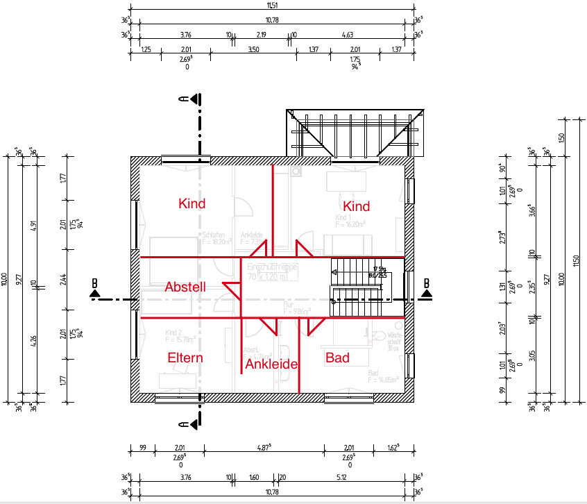 Floor plan of a house: upper floor with master bedroom, children’s bedrooms, walk-in closet, bathroom, storage room.