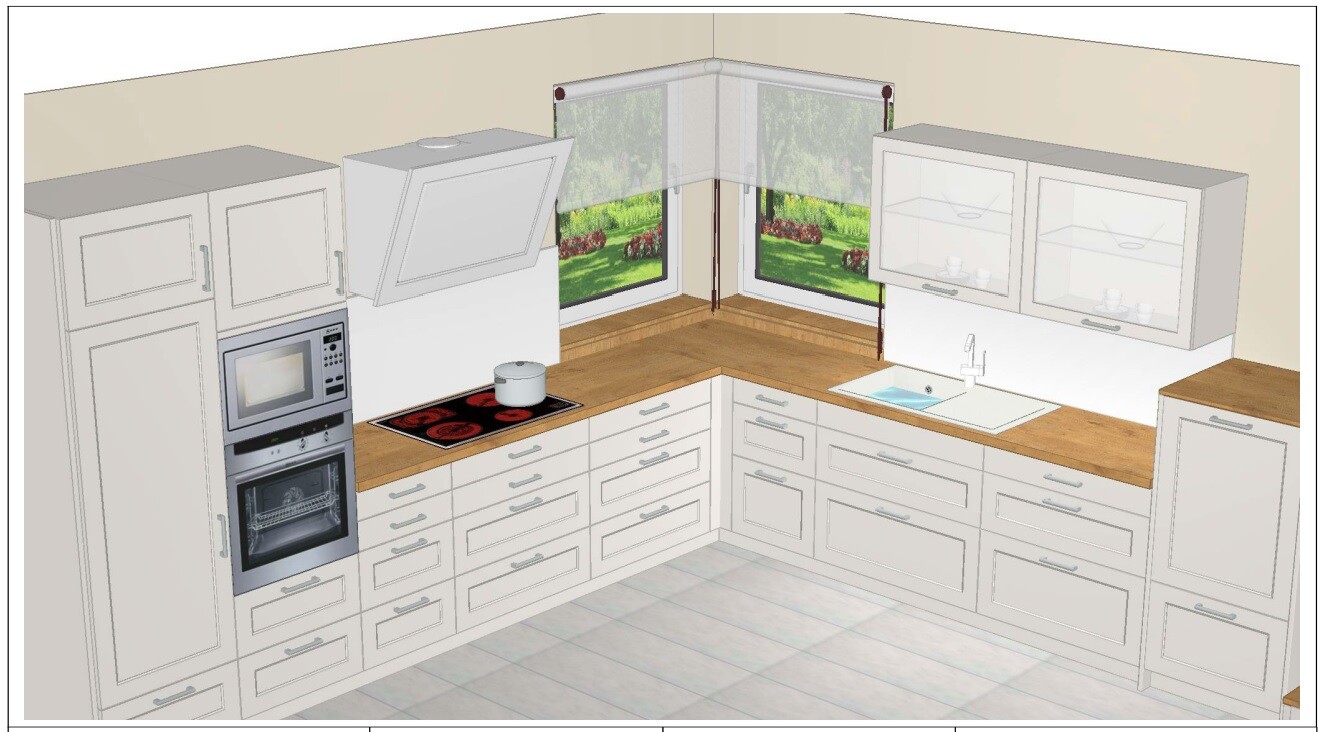 White U-shaped kitchen unit with wooden countertops, oven, cooktop, sink, and window.