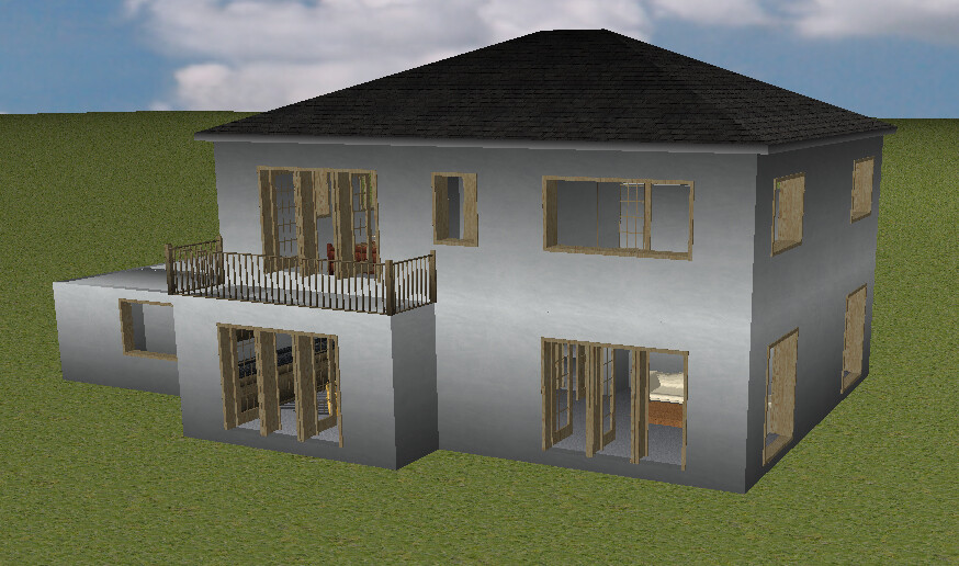 3D-Modell eines zweistöckigen Hauses mit Balkon, Terrasse und Holzfensterrahmen.