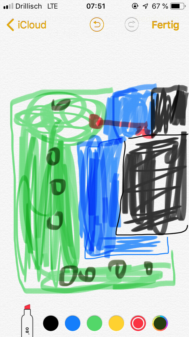 Colorful sketch of a rough floor plan with green, blue, and black lines.