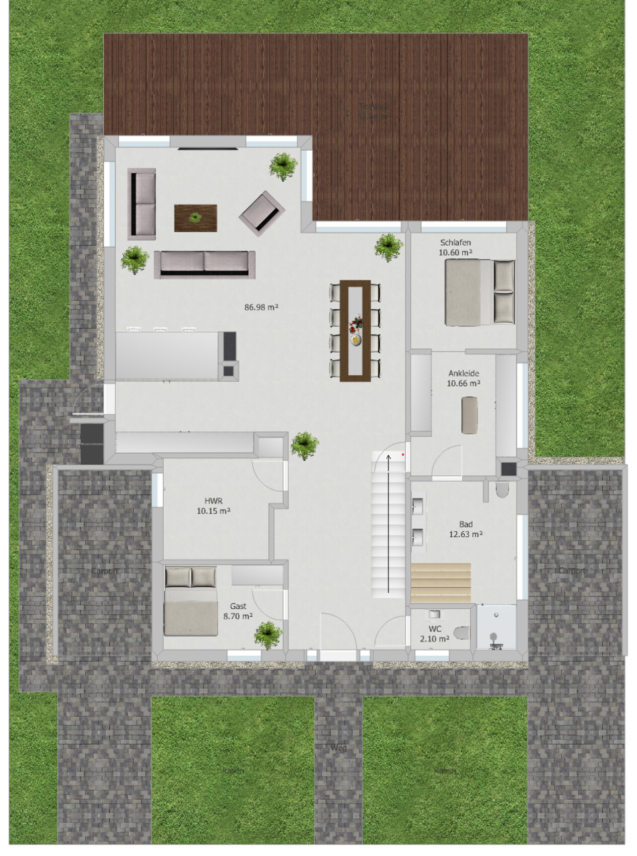 Ground floor plan: Living/dining area, kitchen, bedroom, dressing room, guest room, utility room, bathroom, WC