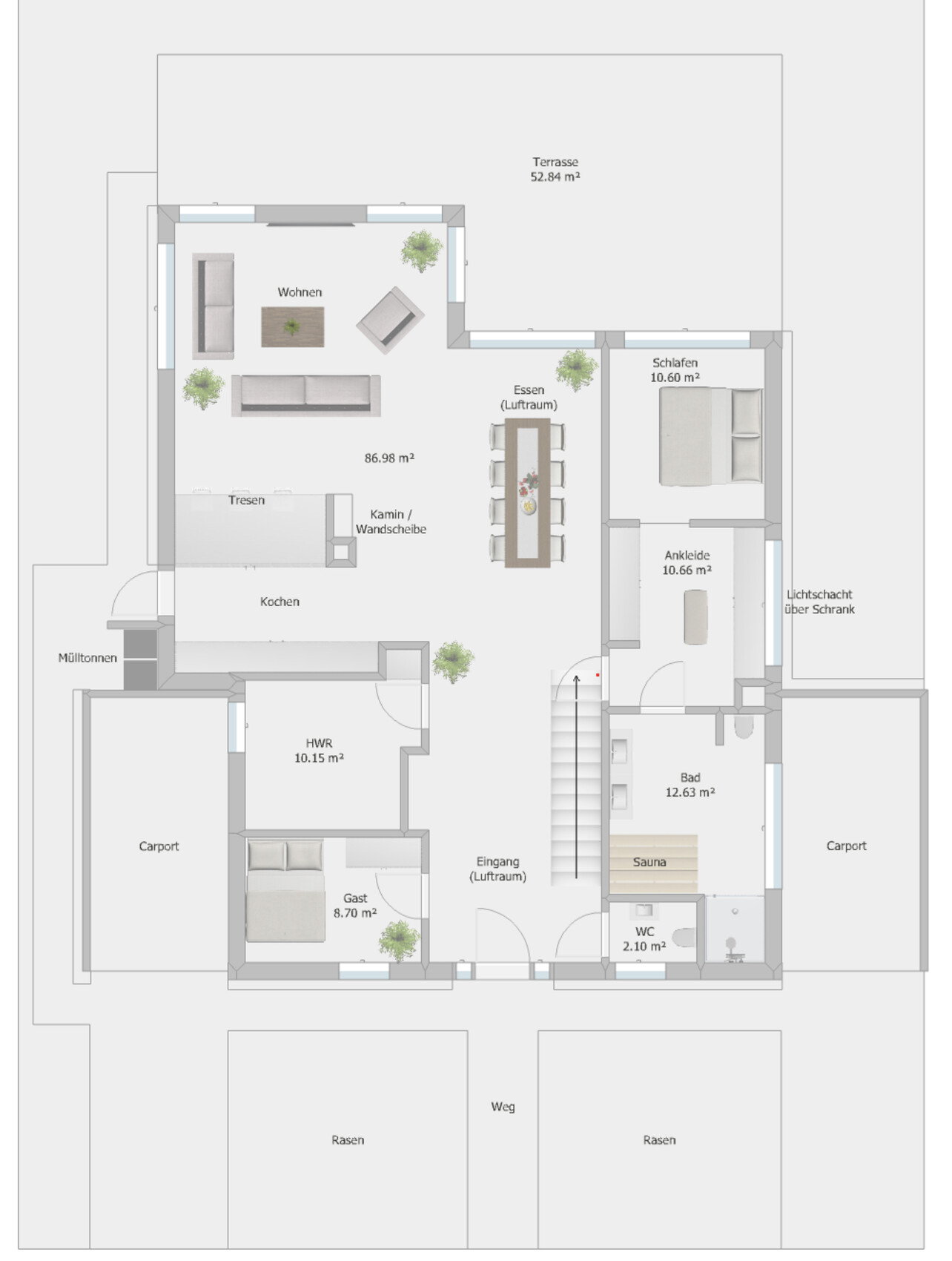 Floor plan of a house with living, dining, cooking, sleeping, guest room, bathroom, sauna, terrace.