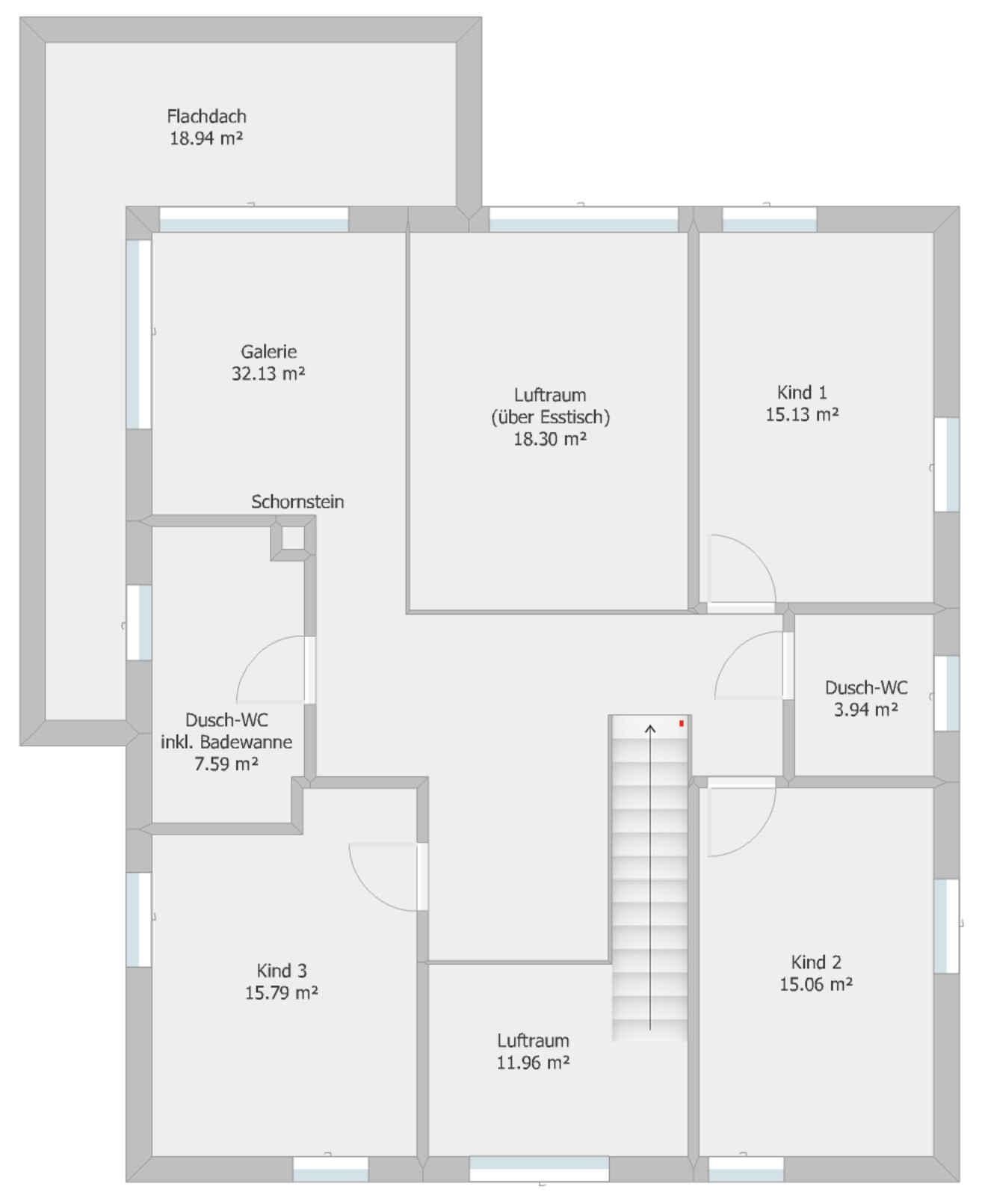 Floor plan of a house with gallery, flat roof, air spaces, children’s rooms 1–3, shower/WC and stairs.