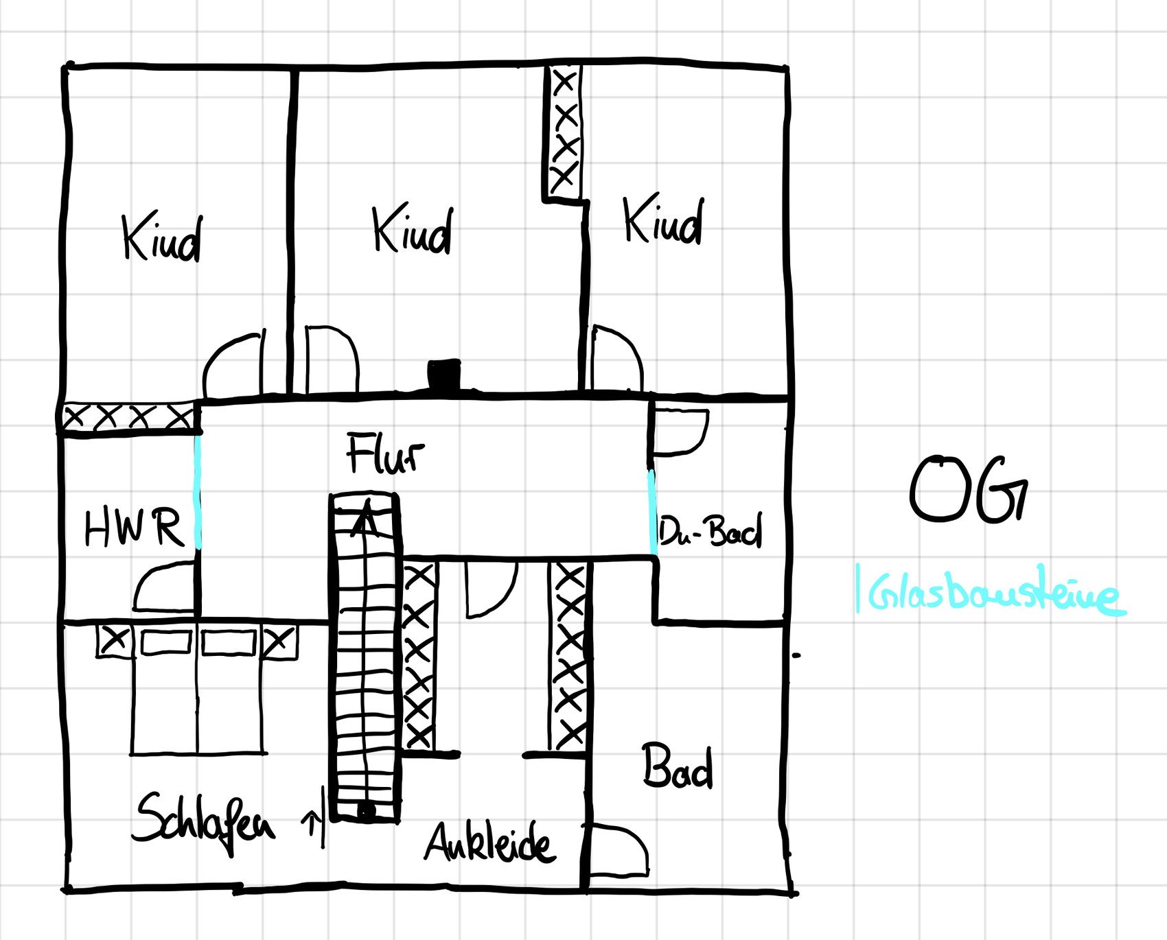 Sketched upper floor plan with bedroom, dressing room, bathroom, hallway, utility room, and children's rooms.
