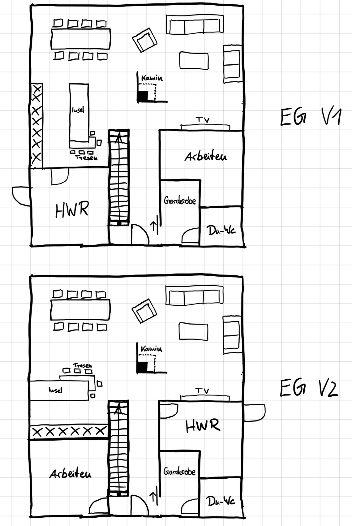 Two plans of an open space (ground floor V1/V2) with fireplace, TV, kitchen, utility room, cloakroom, and guest toilet.