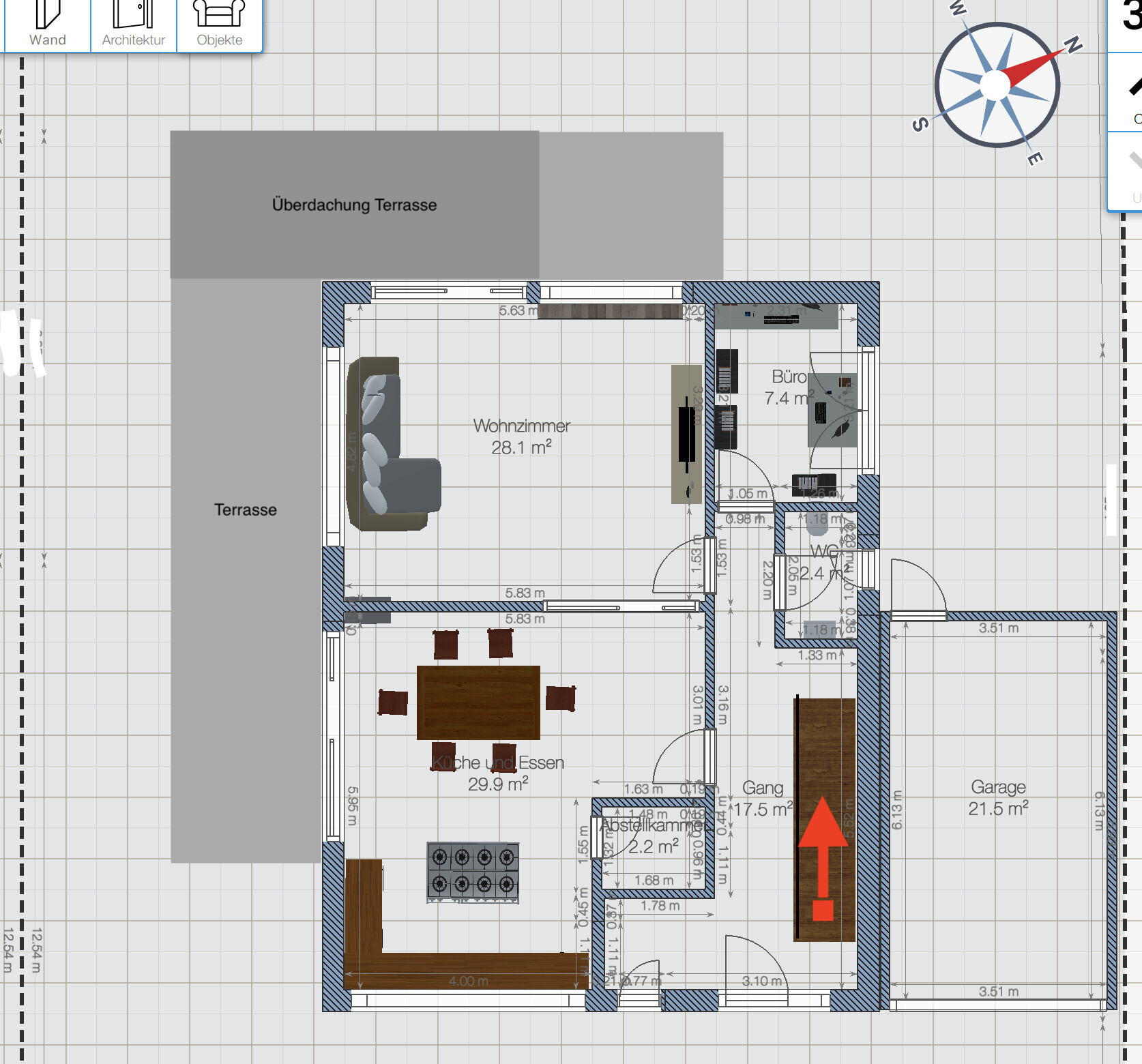 Grundriss eines Hauses mit Wohnzimmer, Küche/Essen, Büro, Garage und Terrasse