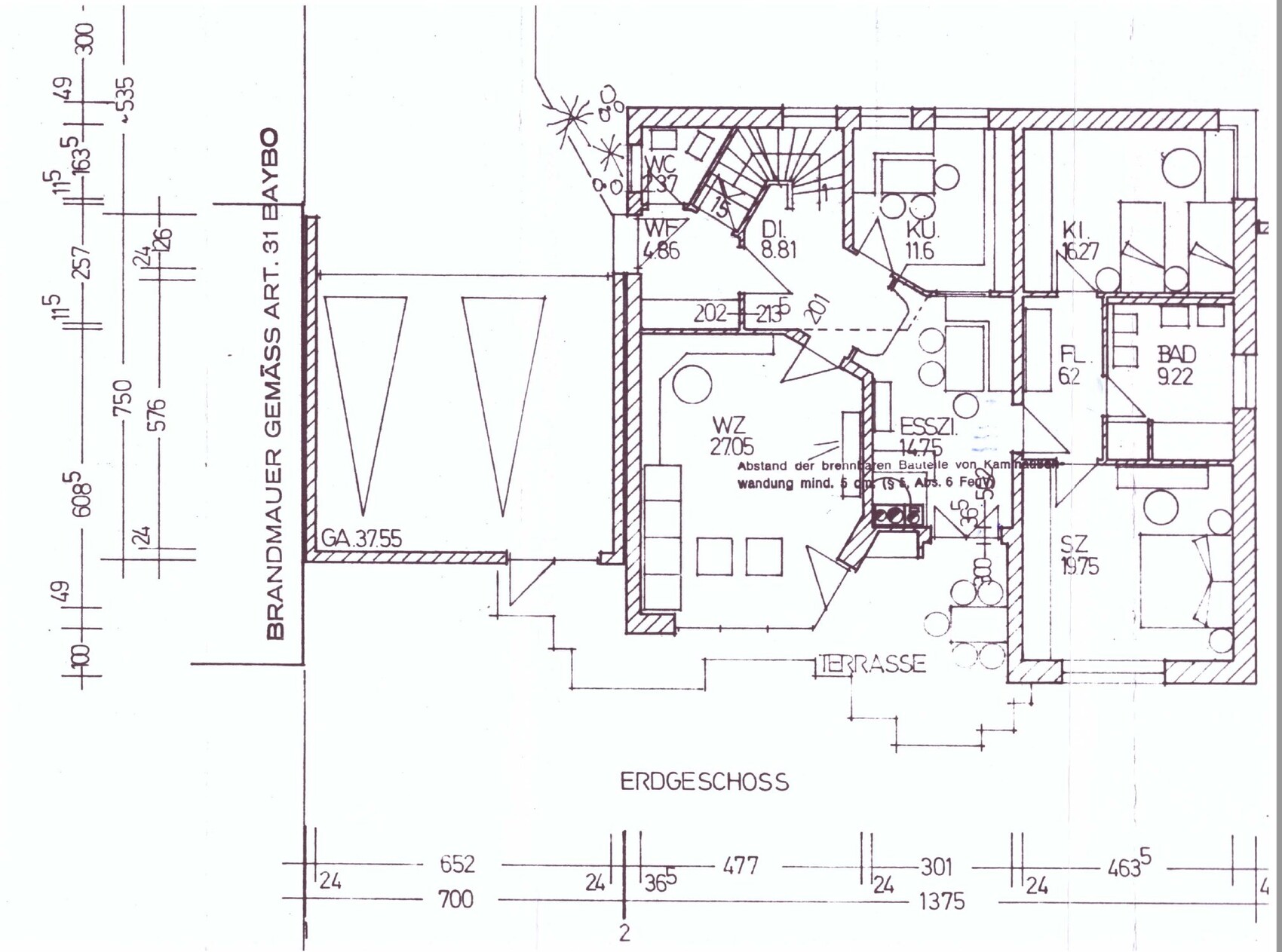 Ground floor plan: living room, kitchen, dining room, bathroom, bedroom, terrace, stairs, WC