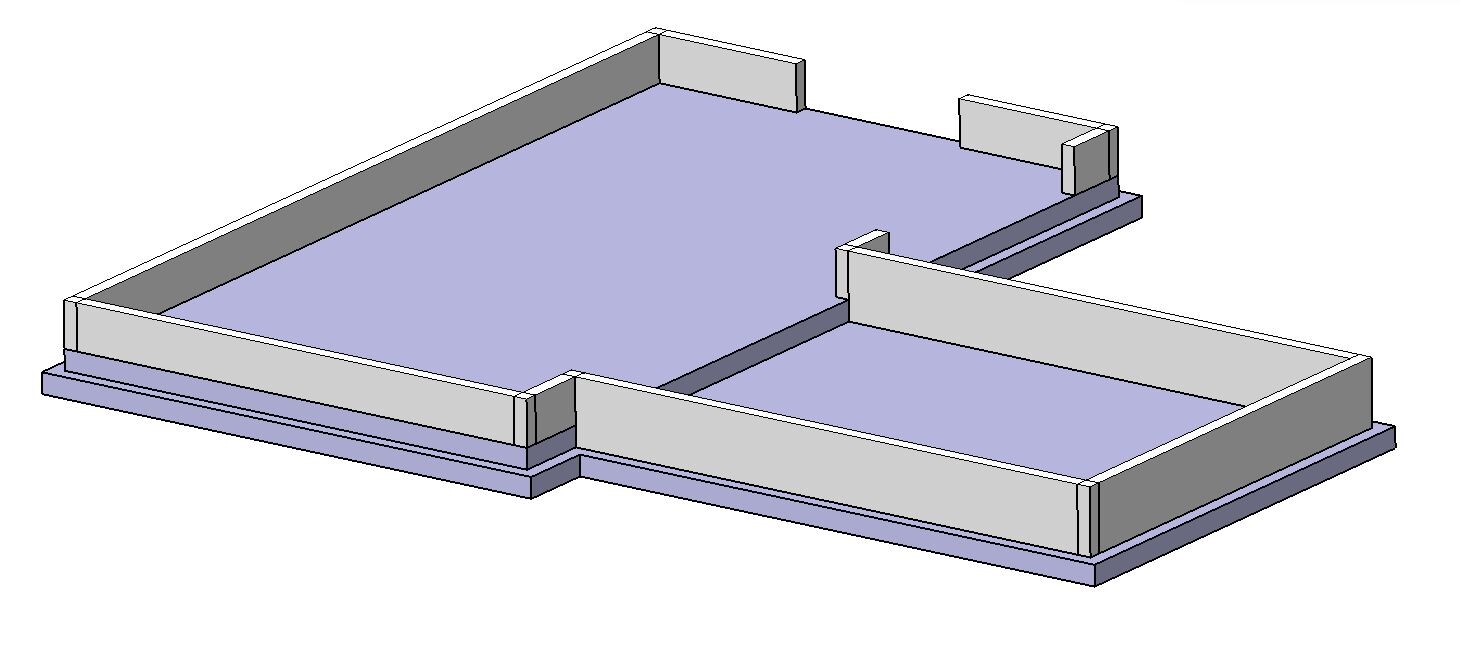 Isometric 3D visualization of a rectangular concrete foundation with surrounding walls.