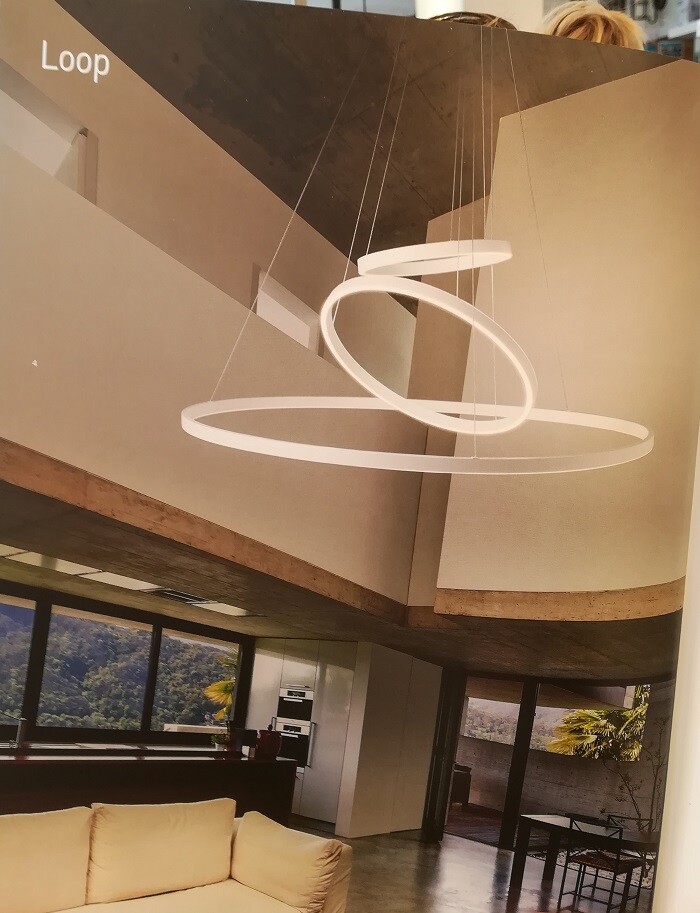 Modern living room with floating circular light rings above sofa, large window fronts visible.