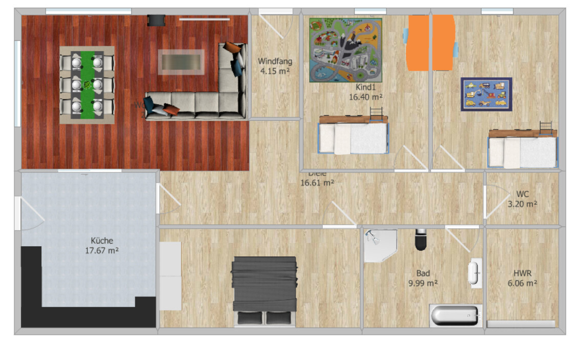 Floor plan of a house: kitchen, living room, entrance hall, corridor, children’s room, bathroom, WC, utility room.
