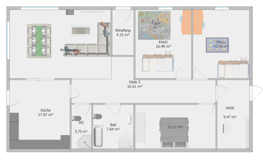 Floor plan of a house with kitchen, living room, hall, bathroom, WC, utility room, and two children’s rooms.