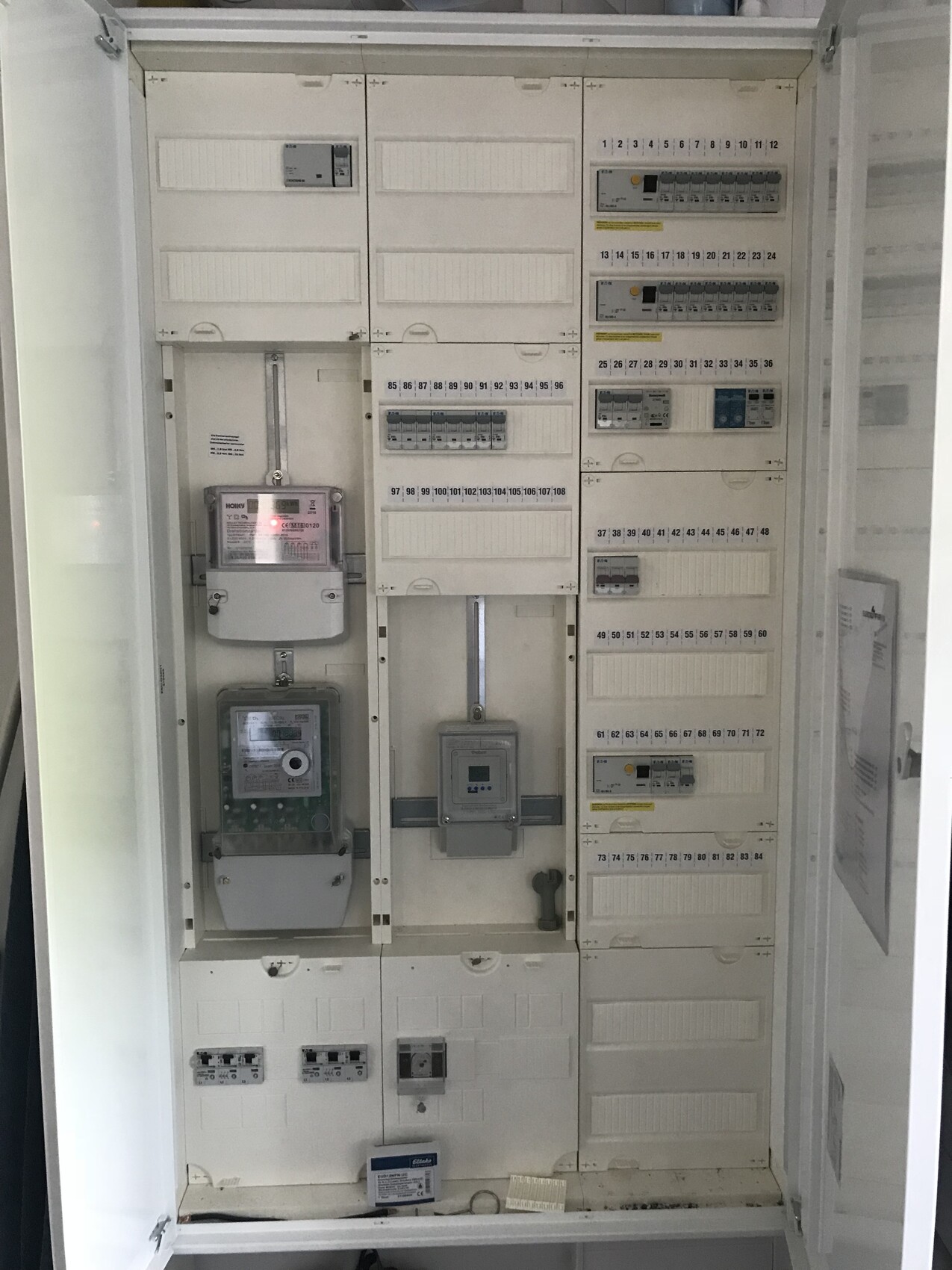 Large control panel with meters, distributors, and several circuit breakers in the control cabinet