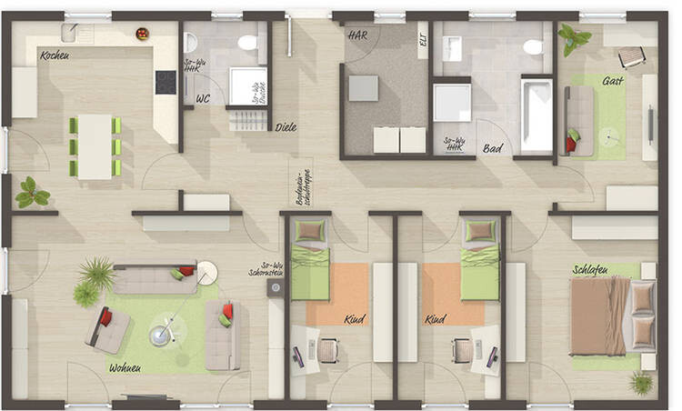 Grundriss einer Wohnung: Küche Wohnzimmer, Bad, WC, Flur, 2 Kinderzimmer, Elternschlafzimmer, Garten.