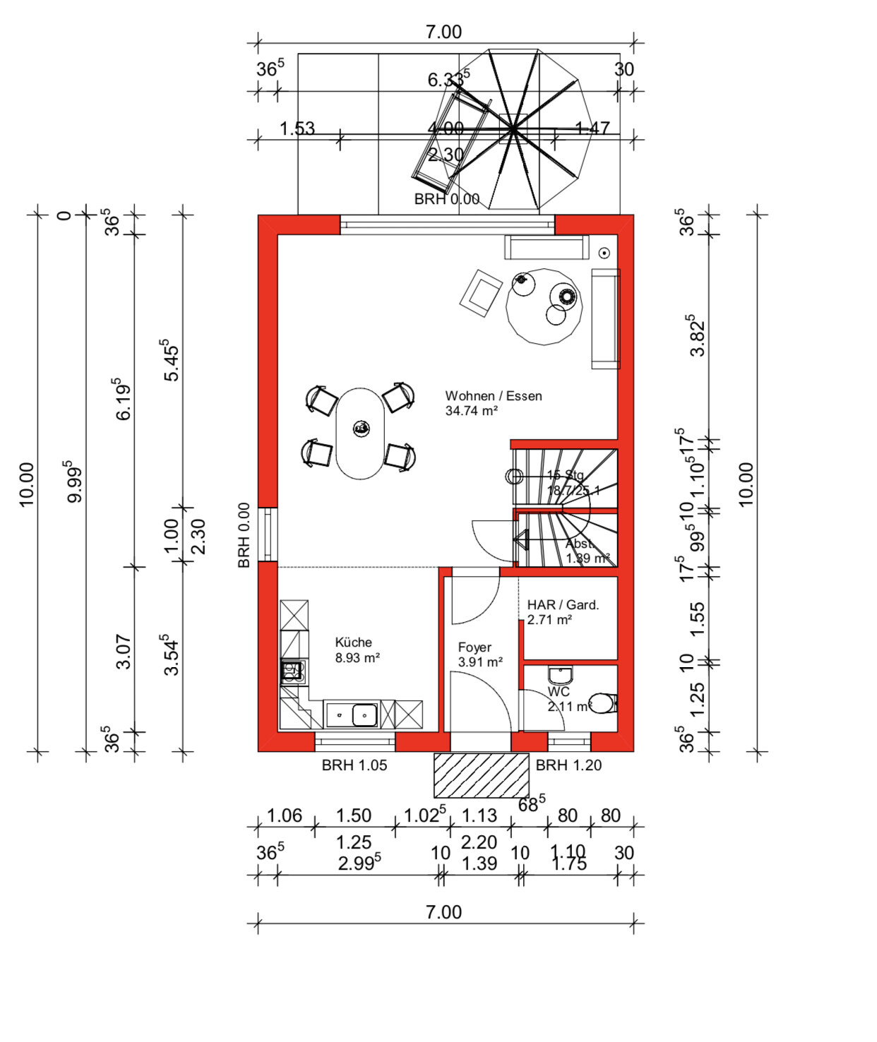 Grundriss eines Hauses: rote Außenwände; EG mit Küche, Wohnen/Essen, Foyer und WC.
