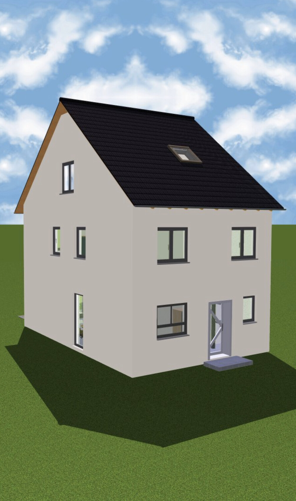 Zweistöckiges Haus mit dunklem Satteldach, Dachfenster, mehreren Fenstern und grünem Garten.