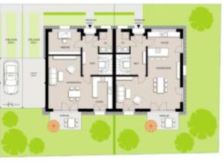 Grundriss eines Doppelhauses: zwei Wohnungen mit Wohnzimmer, Küche, Bad und Garten.
