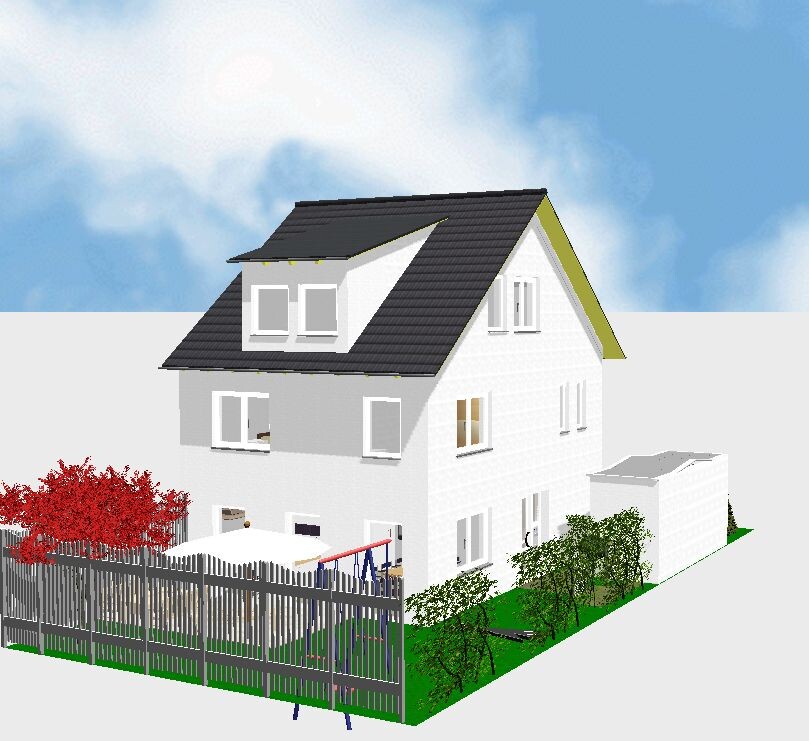White two-story house with dark pitched roof, garden fence, play equipment and red bushes.