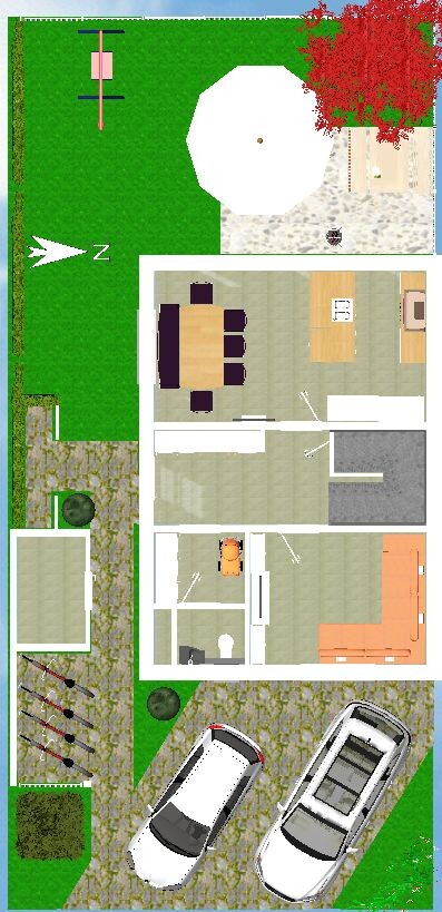 Top view of a house floor plan: garden, driveway with two cars, kitchen, dining room, living room.