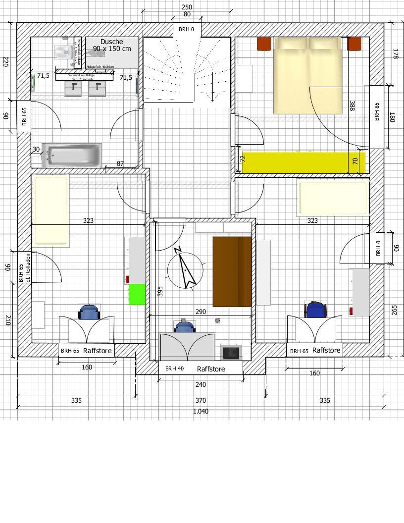 Floor plan of a house: central staircase, bathroom with shower, two bedrooms, additional rooms.