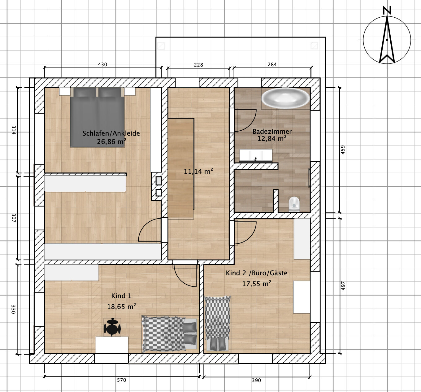Floor plan of a residential house: Sleeping/dressing area, bathroom, child 1, child 2/office/guest room, corridor (dimensions).