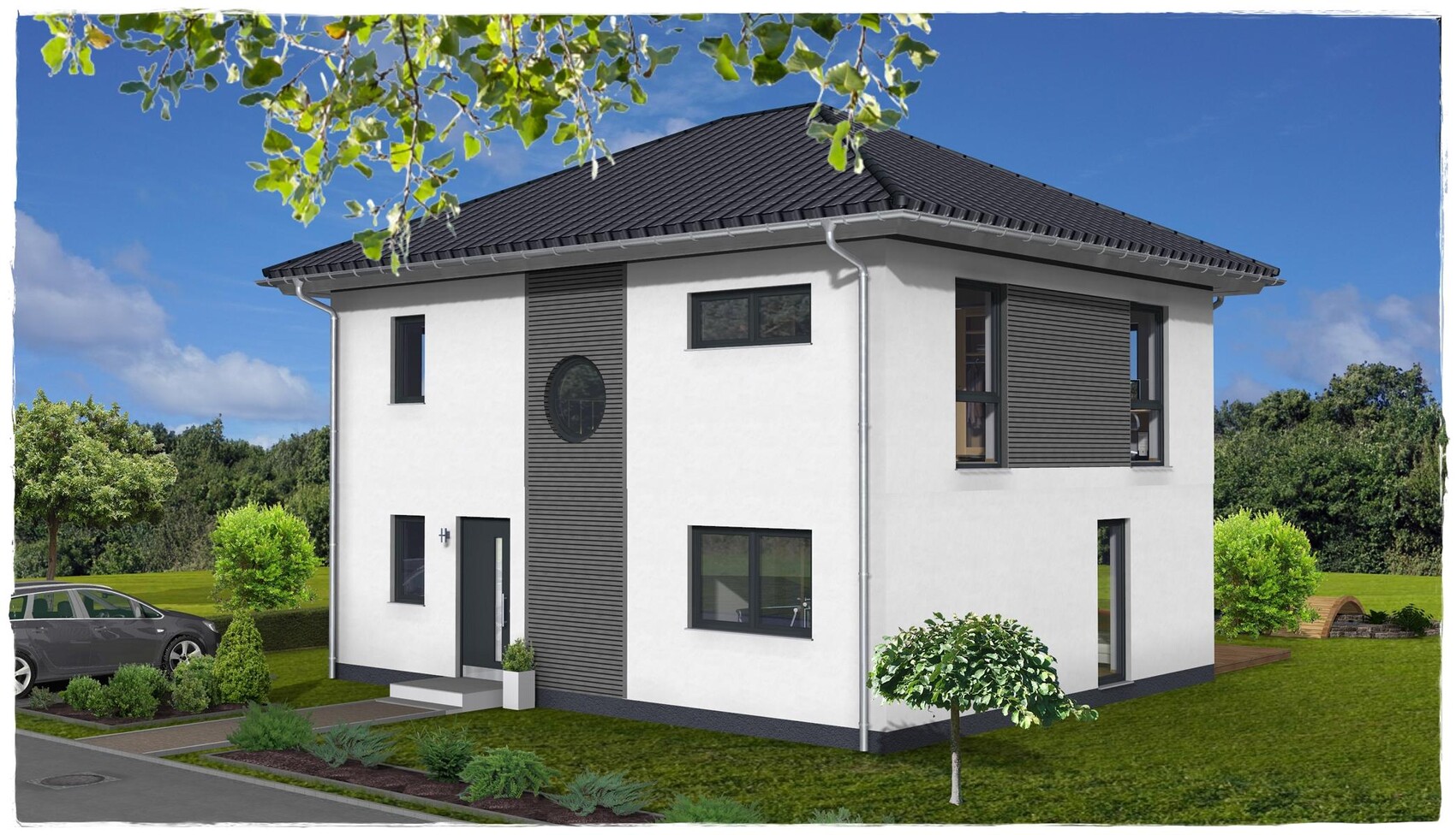 Modern two-story house with white facade, dark roof, garden, and car on the left.