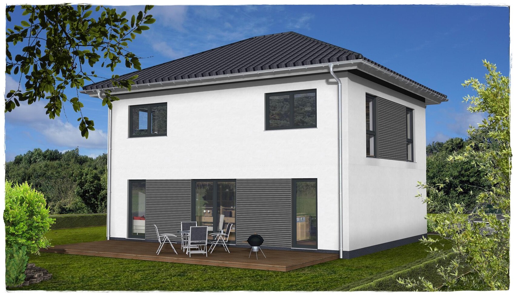 Modern white single-family house with dark roof, large windows, wooden terrace and grill in the garden