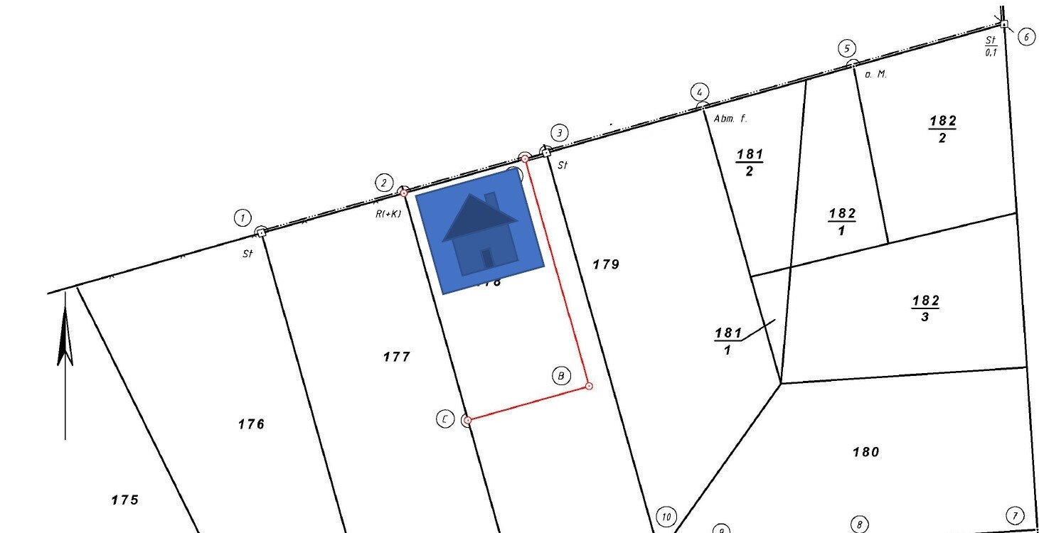 Survey map: parcels with red boundary line and blue house symbol.
