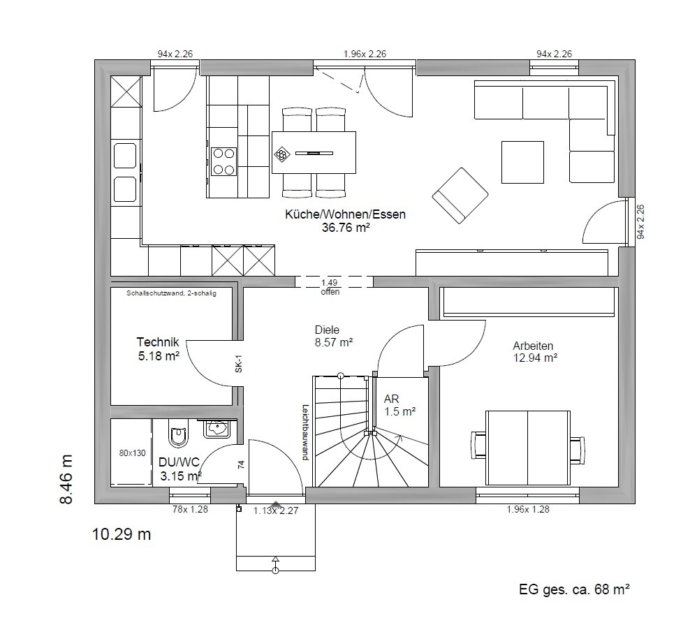 Floor plan of a house with open kitchen/living/dining area, study, utility, hallway, storage room, and shower/WC.