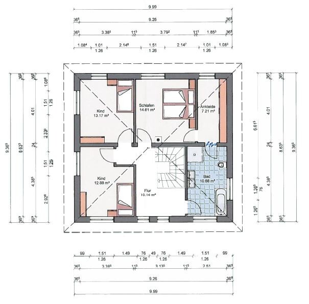 Floor plan of a level: two children’s rooms, bedroom with dressing room, bathroom, hallway, stairs.