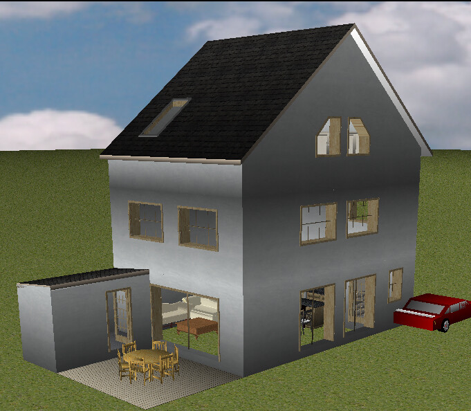 3D house with gray facade, pitched roof, terrace with garden furniture, extension and red car.