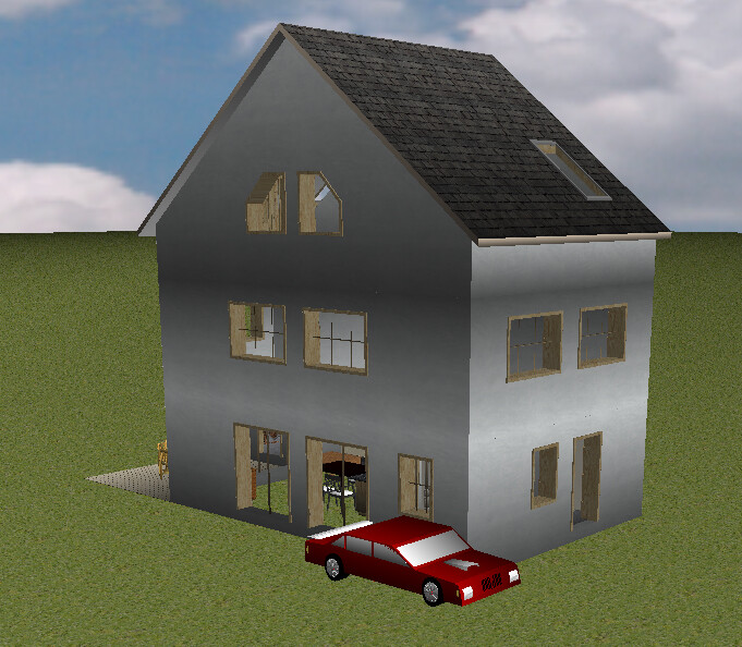 Two-story house with pitched roof, gray facade, many windows and a red car in front on green lawn.