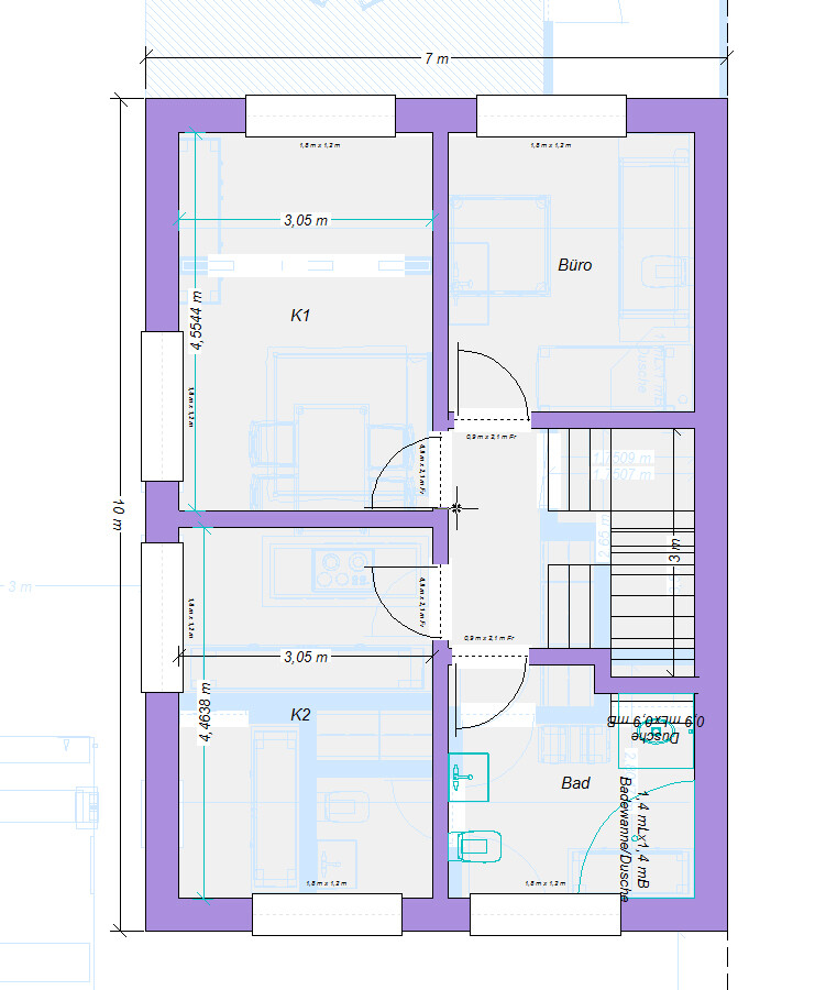 Floor plan of a living area: two rooms (K1, K2), office, bathroom, hallway, and staircase.
