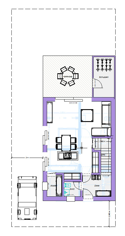 Floor plan of a house with terrace, dining area, kitchen, shed and parking space.