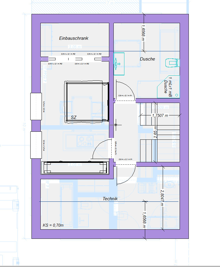 Floor plan of a residential house: bedroom, built-in wardrobe, shower, utility room, staircase.