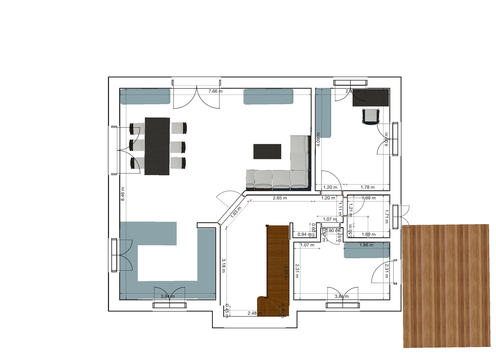 Floor plan of a residential house with living room, dining area, kitchen, bathroom, and terrace.