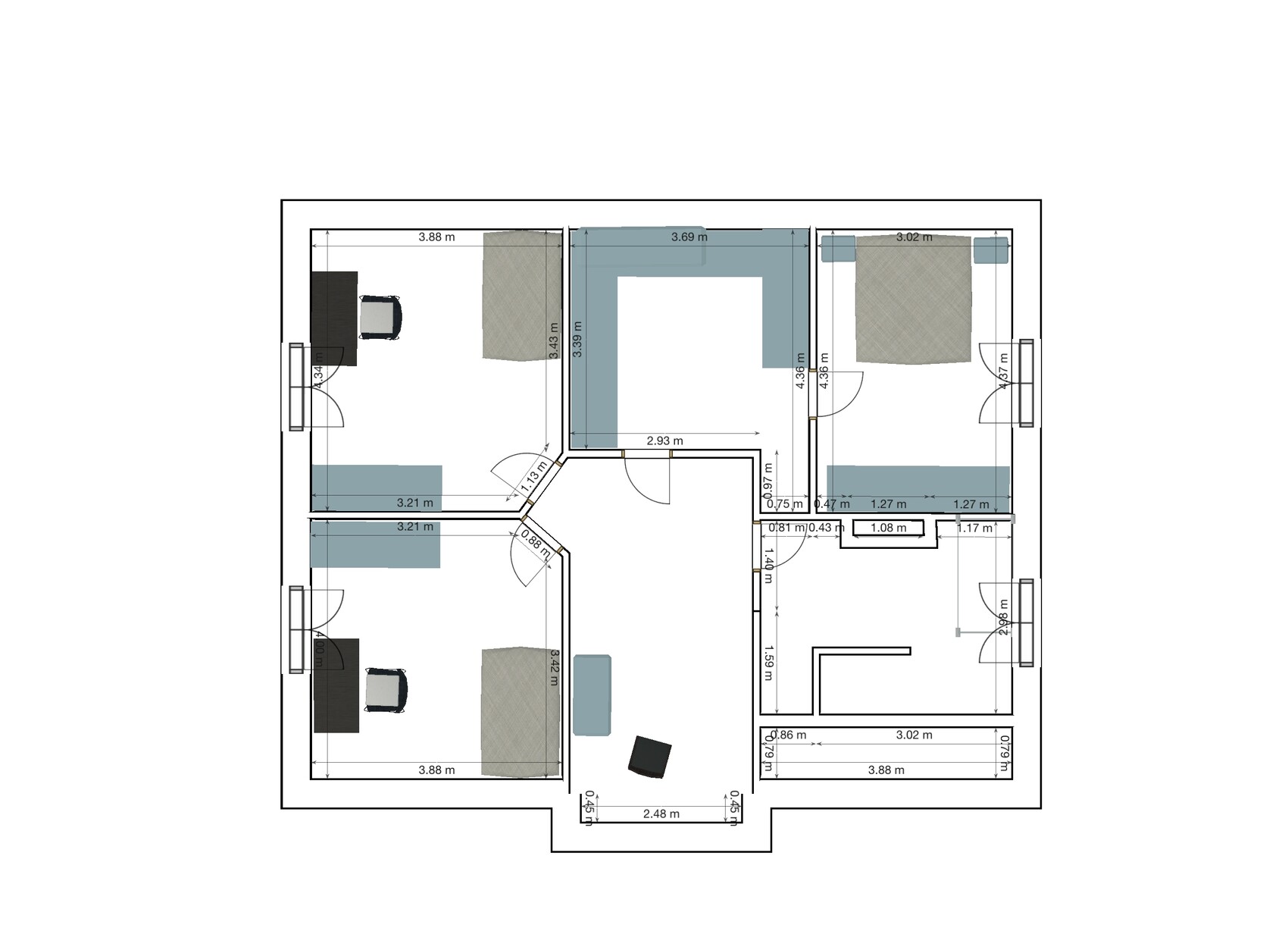 Floor plan of a multi-room house with furniture, doors, and dimensions.