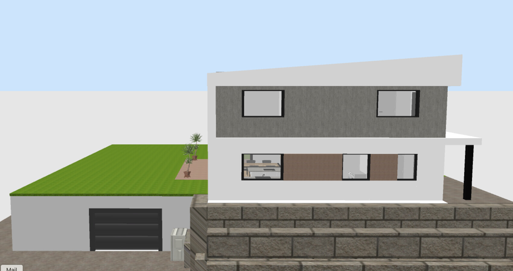 Modern two-story villa with a gray upper floor facade, white base, and stone wall.