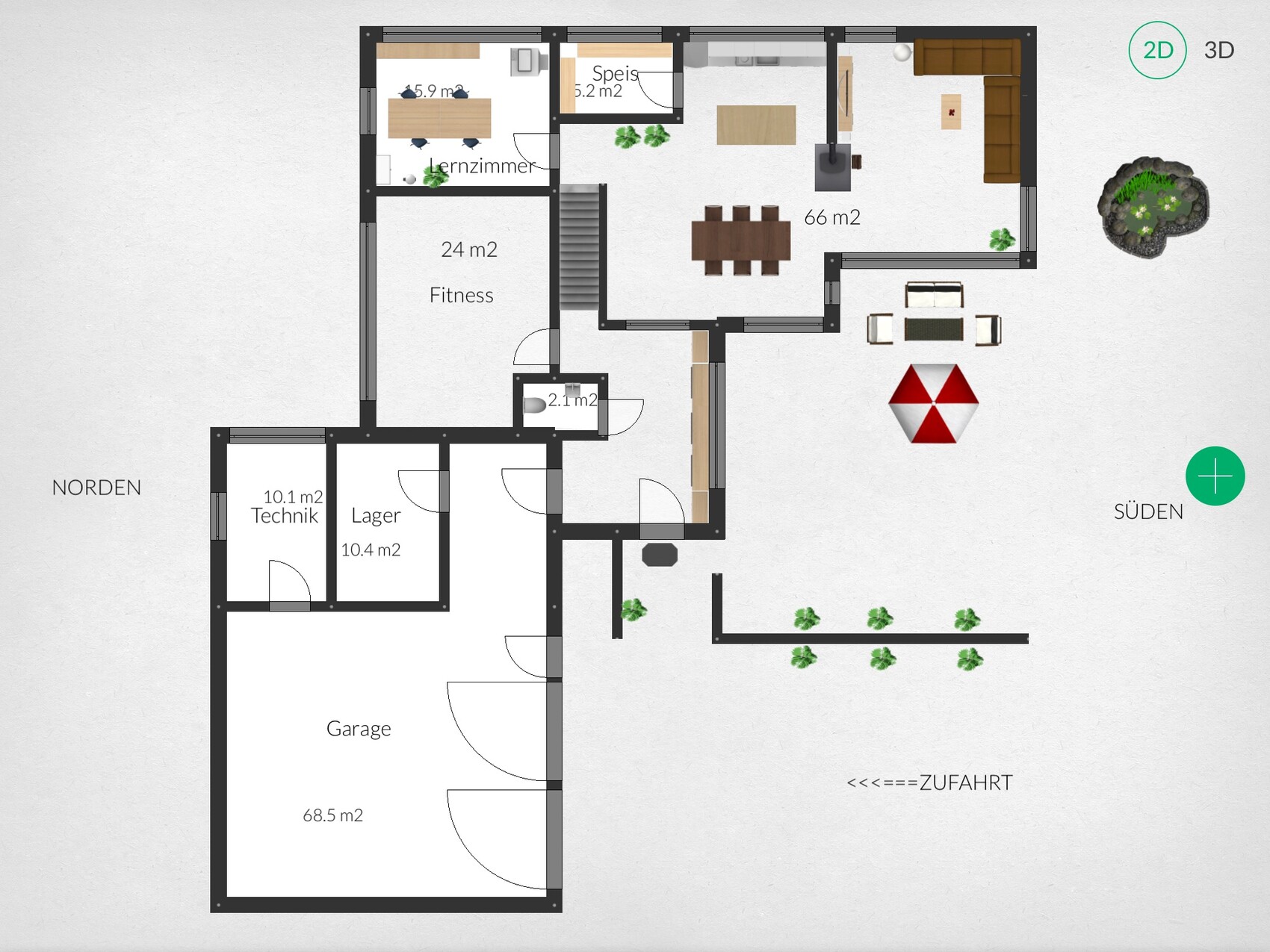 2D floor plan of a house with garage, technical room, fitness room, study room, and terrace