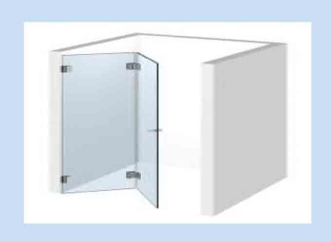 White corner shower with glass panel and door in a bright bathroom corner