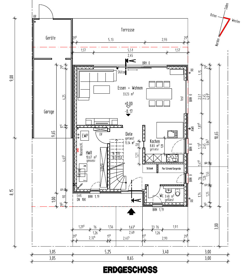 Ground floor plan: terrace, dining/living, kitchen, hallway, WC, utility room, garage.