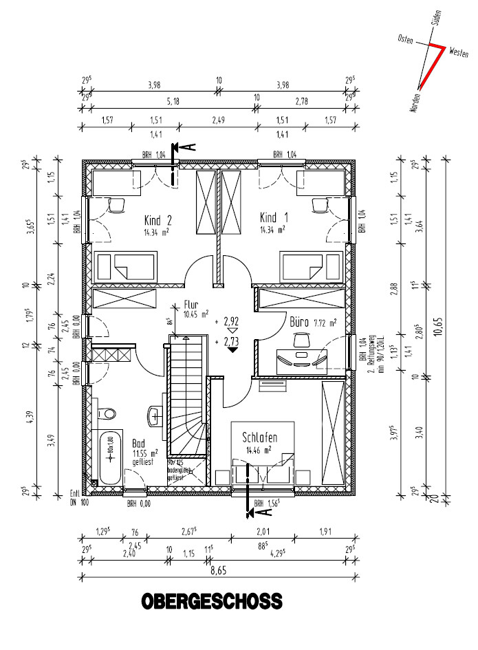 First floor plan: bedroom, office, two children’s rooms, bathroom, and hallway; staircase in center.