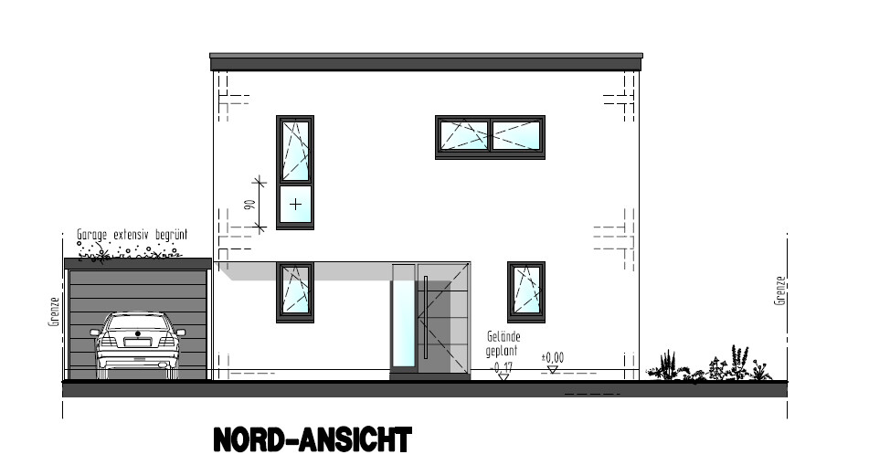 North view of modern house with garage, car, windows, and entrance.