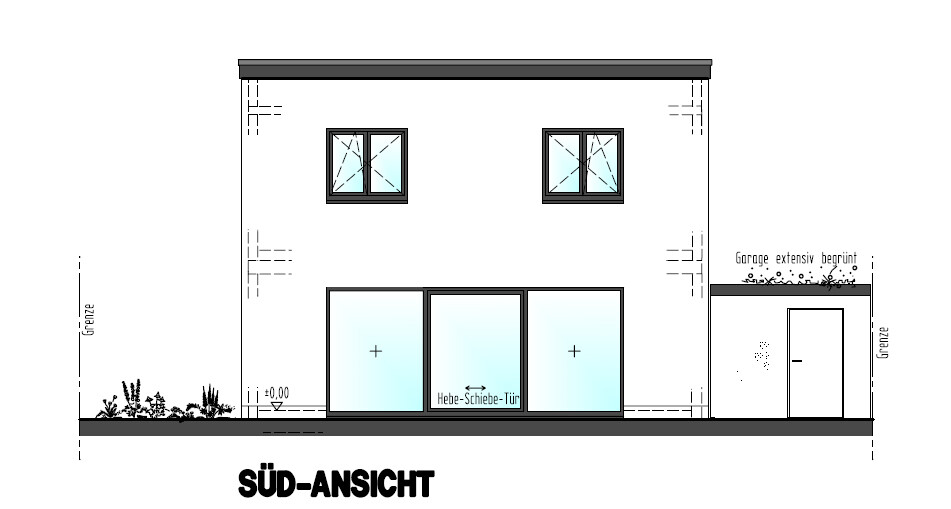 South view of two-story house with large glass sliding doors and garage extension on right.
