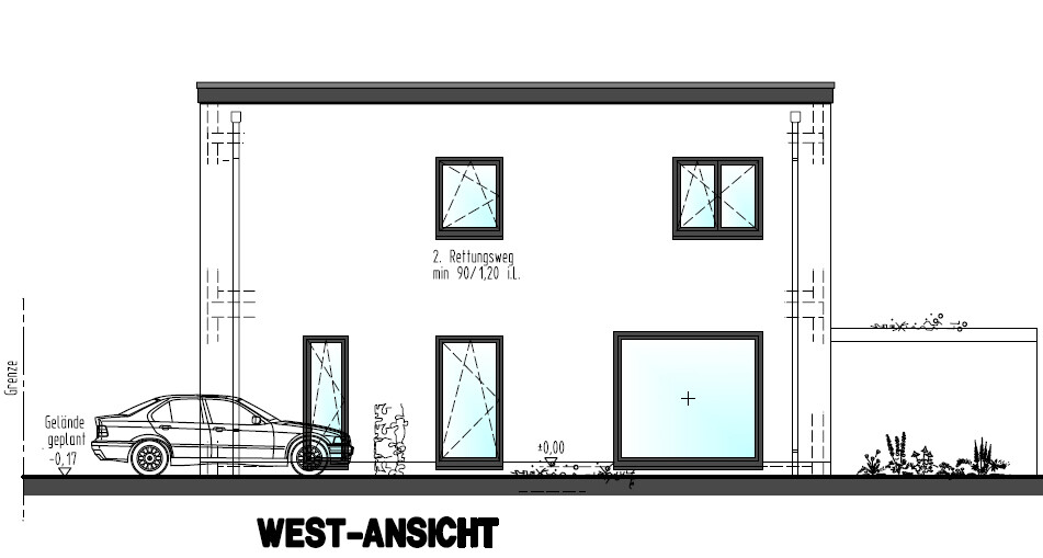 Architectural drawing of west facade of two-story house with windows, door, and car.