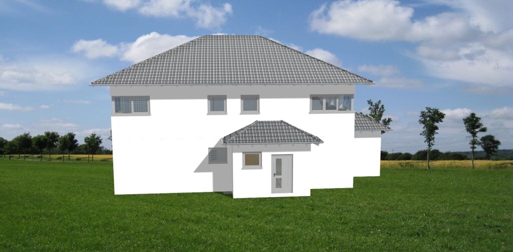 Exterior view of a white house with a gray tiled roof on green grass