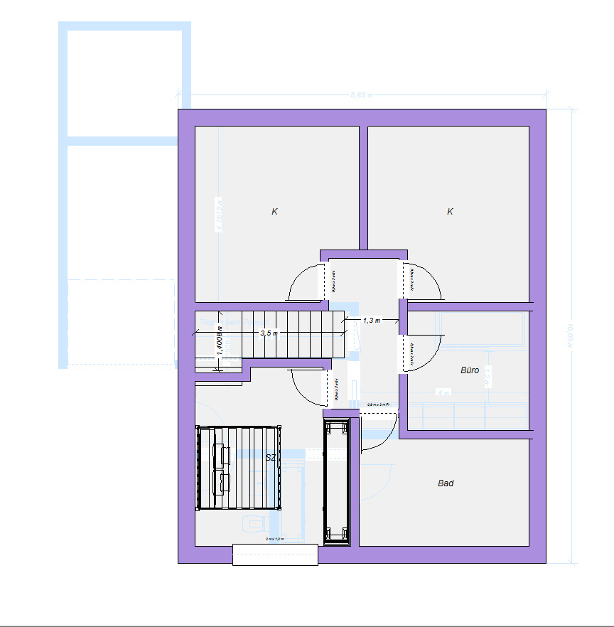 Floor plan of a storey: two large rooms, office, bathroom, stairs, doors.