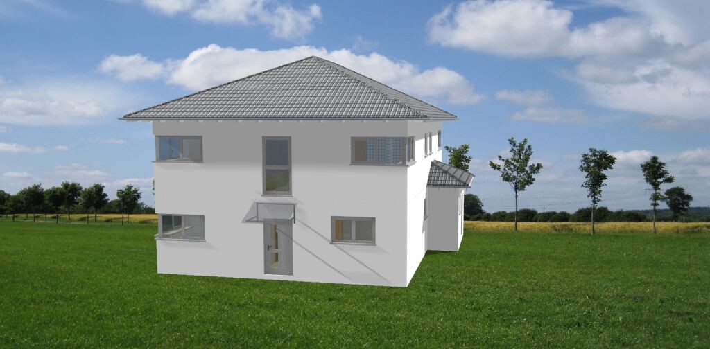3D house model on green field with trees and sky