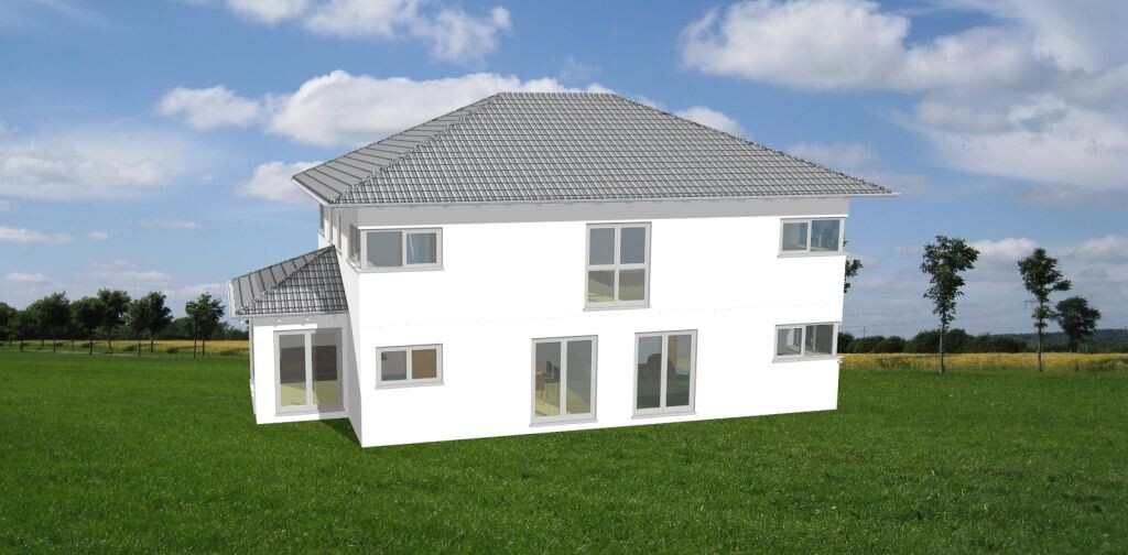 White two-story 3D house on green grass with gray roof under blue sky.