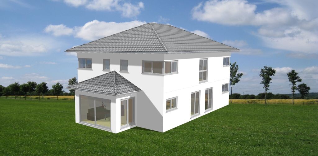 White two-story 3D house model on green field with roof and large window fronts.