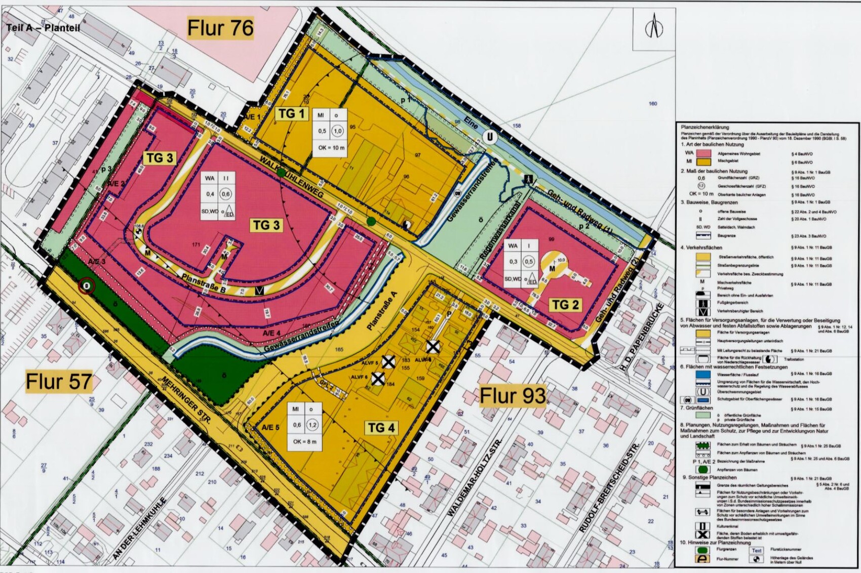 Development and zoning plan with colored zones TG1–TG4 and plot numbers (plots 57,76,93).